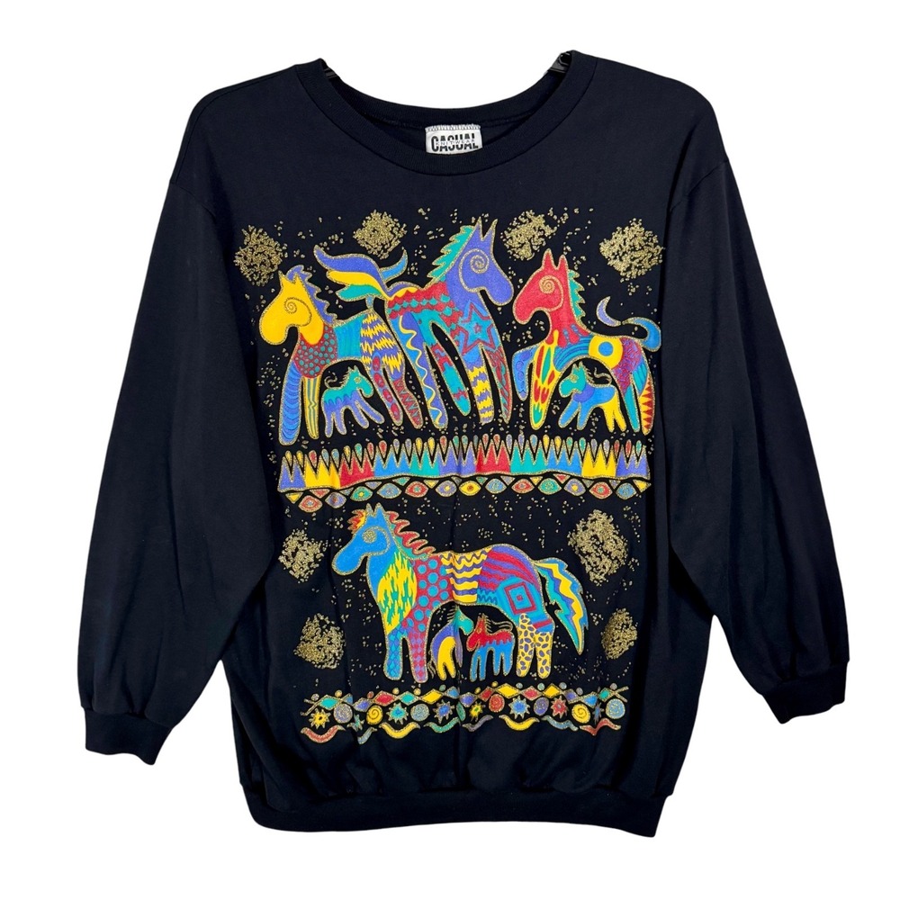 Vintage Horse Folk Art Graphic Sweatshirt Size XL Western Equestrian Colorful